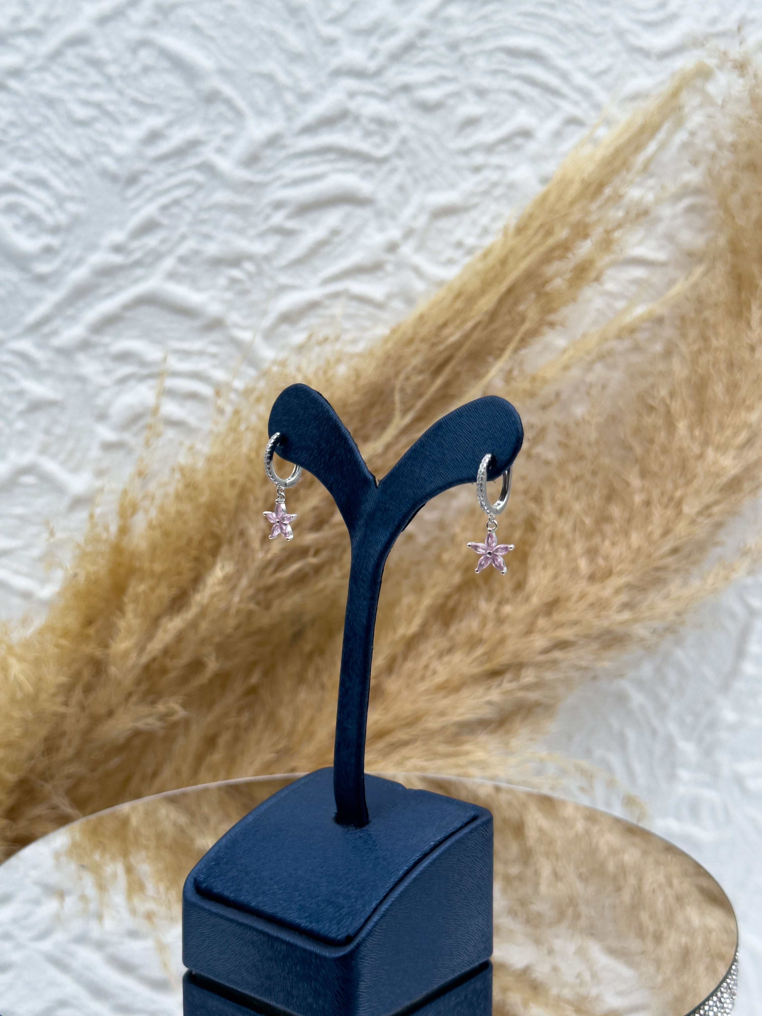 925 Ayar Gümüş Pembe Kuvars Taşlı Lotus Modeli Kadın Küpe